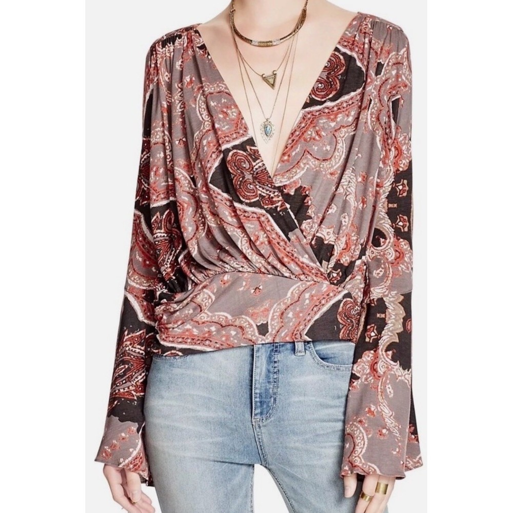 Free People Paisley Peacock Top Sz XS Oversized Flowy Boho Balloon Sleeve